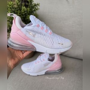 Bling Nikes Air Max 270 Pink White Womens Sneakers Customized with Crystals